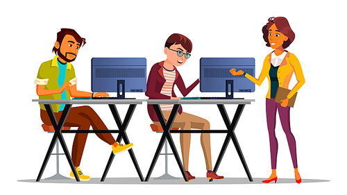 Character Supervisor Control Work Employees Vector. Smiling Woman Supervisor Communication, Monitoring And Assisting Colleagues Programmers. Office Workplace Flat Cartoon Illustration