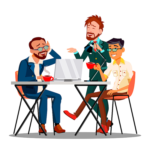 Informal Time At Work Characters Employees Vector. Businessmen Drinking Coffee Or Tea, Smiling And Discussing In Informal Atmosphere. Colleagues Sitting Together Flat Cartoon Illustration