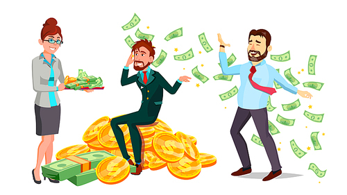 Happy Characters Man And Woman Millionaire Vector. Very Rich Female With Cash On Salver, Male Sitting Mountain Of Coins And Millionaire Magnate Bathing In Money. Flat Cartoon Illustration