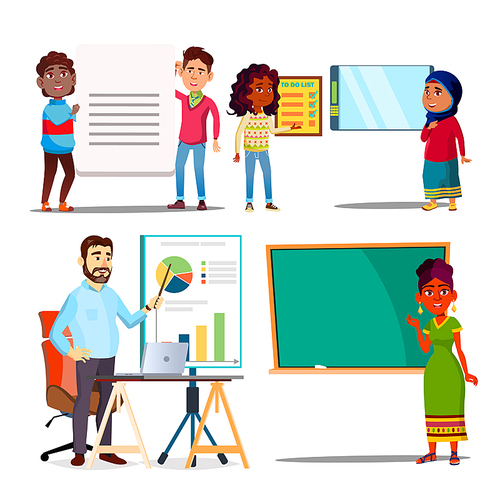 Character Explain Educational Material Set Vector. Teacher Woman Standing Near Blackboard, Man Show Presentation With Graphics. Children Explain Text Meaning And Task. Flat Cartoon Illustration