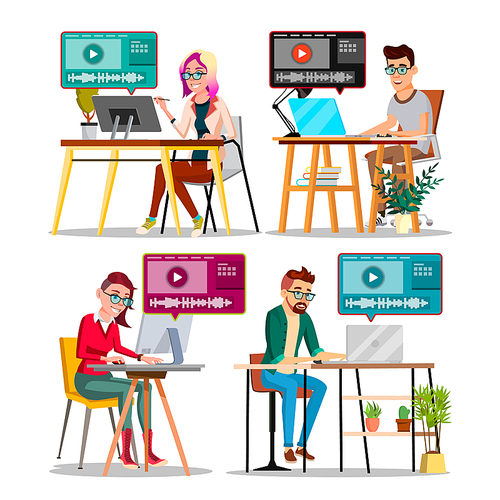Professional Character Editor Working Set Vector. Happy Smiling Man And Woman Audio And Video Media Editor. Table, Laptop Or Monitor And Plant On Workplace Flat Cartoon Illustration
