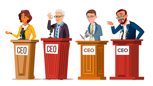 Character Ceo Talking From Tribune Set Vector. Man And Woman Orator Ceo Public Speaking From Rostrum With Microphone. Businessman Director Leader Speech Or Presentation Flat Cartoon Illustration