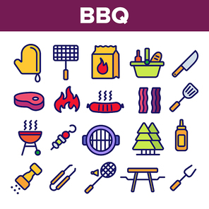 BBQ Equipment, Tools Linear Vector Icons Set. Barbecue Thin Line Contour Symbols Pack. BBQ Cooking Pictograms Collection. Outdoor Leisure, Picnic, Hiking Concept. Grill Cooking Outline Illustrations