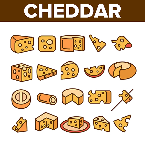 cheddar cheese linear vector icons set. cheddar piece, milk products symbol pack. snack, food. dairy ingredients pictograms collection. isolated cooking signs. , natural outline illustrations