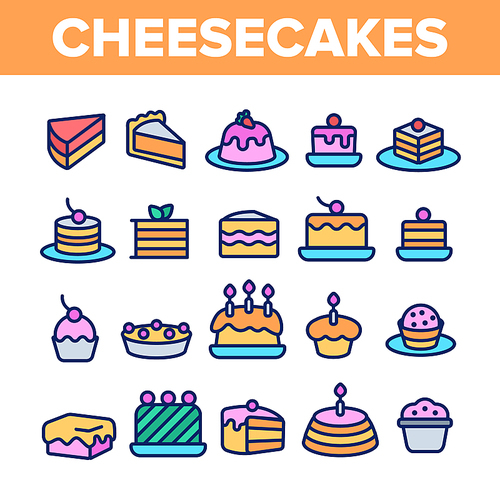 Sweet Cheesecakes, Bakery Linear Vector Icons Set. Pastry Thin Line Contour Symbols Pack. Birthday Party Cakes, Biscuits, Pies. Dessert Cookies. Confectionery Outline Illustrations Collection