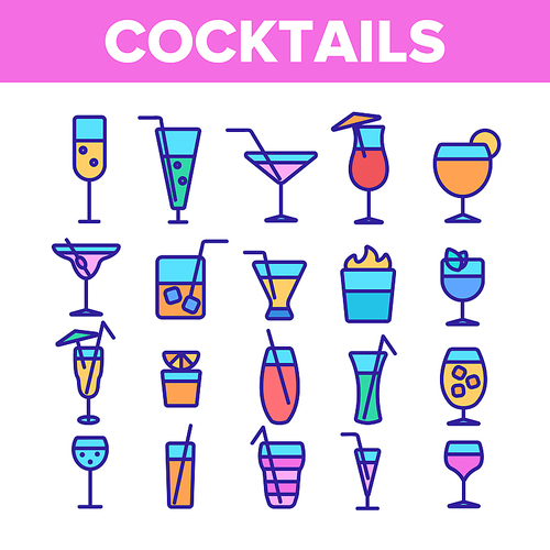 Cocktails, Alcohol and Soft Drinks Linear Icons Set. Alcoholic Beverages Thin Line Contour Symbols Pack. Shots Collection. Various Cocktail Liquors. Bar Beverages Outline Vector Illustrations