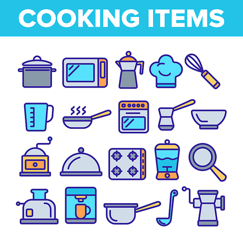 Cooking Items Vector Thin Line Icons Set. Cooking Accessories Linear Illustrations. Kitchen Equipment, Electronics Contour Symbols. Cookware, Saucepans, Bowl, Coffee Making Machines Pictograms