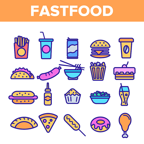 Fastfood Linear Vector Icons Set. Fastfood Thin Line Contour Symbols Pack. Junk Food Pictograms Collection. Unhealthy Snacks, Quick Meal, Street Food. Hamburger, French fries Outline Illustrations