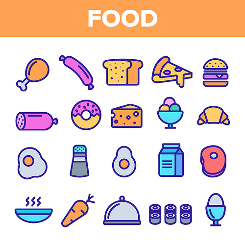 Food Line Icon Set Vector. Home Kitchen Breakfast Food Icons. Menu Pictogram. Fesh Eating Element. Outline Web Illustration
