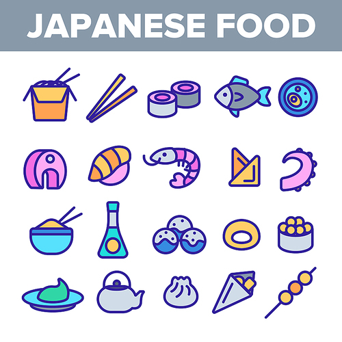 Japanese Food, Sushi Linear Vector Icons Set. Sushi Bar, Japanese Food Restaurant Thin Line Contour Symbols Pack. Asian Dishes. Nigiri, Nori, Udon, Sashimi and Miso. Seafood Outline Illustrations