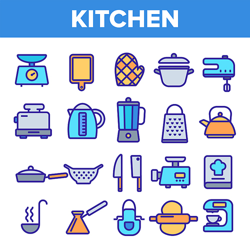 Kitchenware Line Icon Set Vector. Home Kitchen Tools Symbol. Classic Kitchenware Cooking Icons. Web Illustration