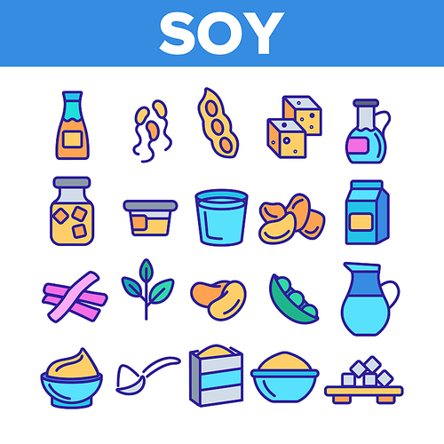 soy products, food linear vector icons set. vegetarian soy food symbols pack. vegan ingredients pictograms collection. isolated cooking signs. , natural meat substitutes items outline illustrations