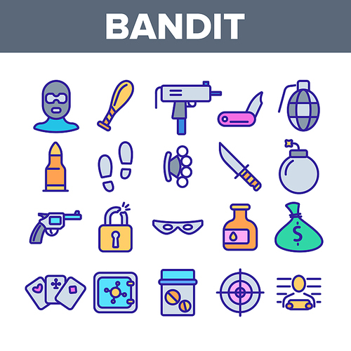 Criminal Acts, Bandit Thin Line Icons Set. Bandit Crimes Linear Illustrations Collection. Theft, Abuse, Murder, Burglary Contour Symbols. Terrorism, Gambling, Smuggling Crimes Outline Drawings