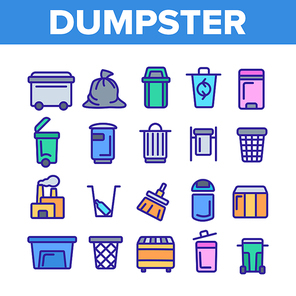 Dumpster, Garbage Container Thin Line Icons Set. Dumpster, Trash Collecting Equipment Linear Illustrations. Litter Recycling Factory. Plastic Dustbins, Metal Containers. Baskets for Waste Separating