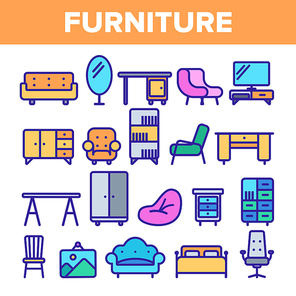 Room Furniture Line Icon Set Vector. Interior Cabinet Design. Home Room Furniture Elements. Thin Outline Illustration