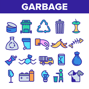 Garbage Recycling Linear Vector Icons Set. Trash, Garbage Thin Line Contour Symbols Pack. Earth Pollution Pictograms Collection. Environment Contamination. Hazardous Waste Outline Illustrations
