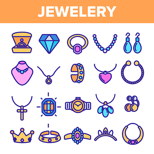 Jewelery Line Icon Set Vector. Diamond Luxury Jewelery Symbol. Gem Elegance Sign. Thin Outline Illustration