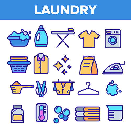 Laundry Line Icon Set Vector. Washing Machine. Clean Dry Cotton. Cloth Laundry Pictogram. Thin Outline Illustration