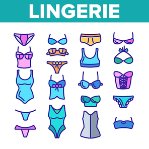 Lingerie Accessories Items Linear Vector Icons Set. Woman Lingerie, Underwear Symbols Pack. Female Bra, Panty, Corset Pictogram Collection. Isolated Linen Signs. Fashion Clothes Outline Illustration