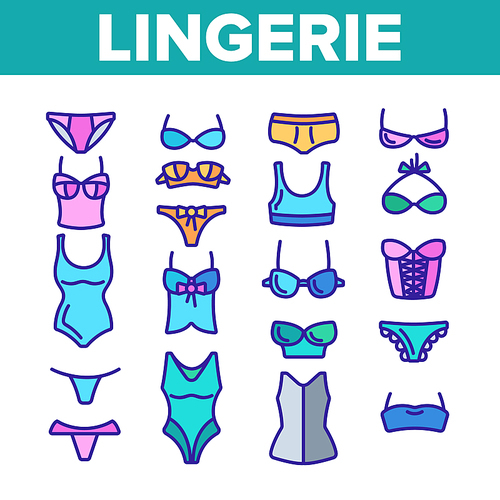 Lingerie Accessories Items Linear Vector Icons Set. Woman Lingerie, Underwear Symbols Pack. Female Bra, Panty, Corset Pictogram Collection. Isolated Linen Signs. Fashion Clothes Outline Illustration