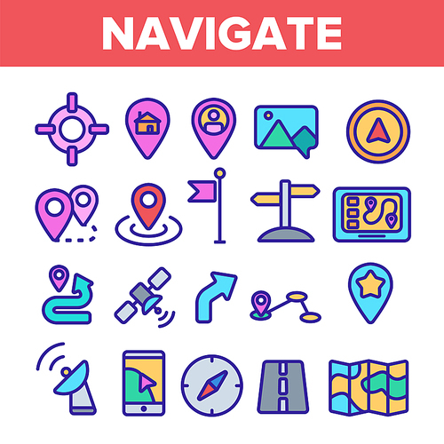 Navigation Linear Vector Icons Set. Navigation System Thin Line Contour Symbols Pack. GPS, Travel App Pictograms Symbols Collection. Road Map, Location Markers, Arrow, Compass Outline Illustrations