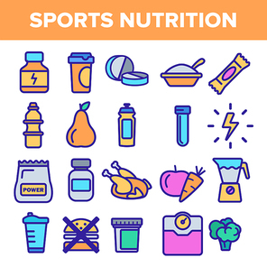 Sport Supplement Food Line Icon Set Vector. Nutrition Pictogram. Health Sport Supplement Food Symbol. Energy Vitamin Diet. Thin Outline Illustration