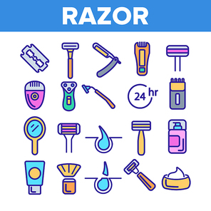 Razor, Shaving Accessories Vector Linear Icons Set. Razor, Male Hygiene Thin Line Illustrations Collection. Modern, Retro Style Shaving Equipment, Electronics. Barbershop Services Contour Pictograms