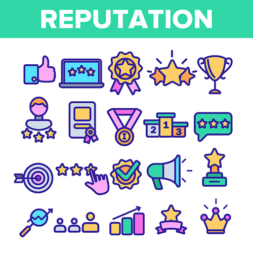 Reputation Linear Vector Icons Set. Reputation Thin Line Contour Symbols Pack. Social Media Feedback, Like Pictograms Collection. Internet Review, Rating. Community Management Outline Illustrations