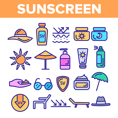 Sunscreen, UV Defence Vector Thin Line Icons Set. Sunscreen, Suntan Rules Linear Illustrations. Summer, Seaside Vacations Cosmetics. Skin Protection, Hats, SPF Cream, Sunglasses Contour Pictograms