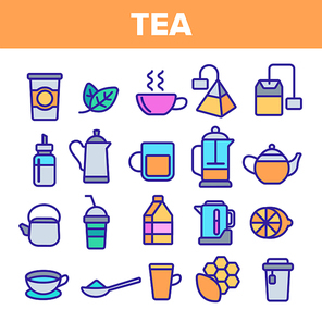 Tea Line Icon Set Vector. Restaurant Label Design. Tea Drink Icons. Traditional Mug Pictogram. Outline Web Illustration