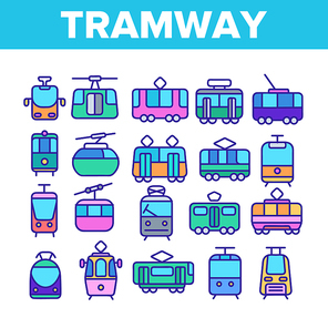 Tramway, Urban Transport Thin Line Icons Set. Tramway, Eco-Friendly Vehicle Linear Illustrations. Funicular, Cable Wagon, Subway Passenger Transportation. Vintage Tourist Sightseeing Tram