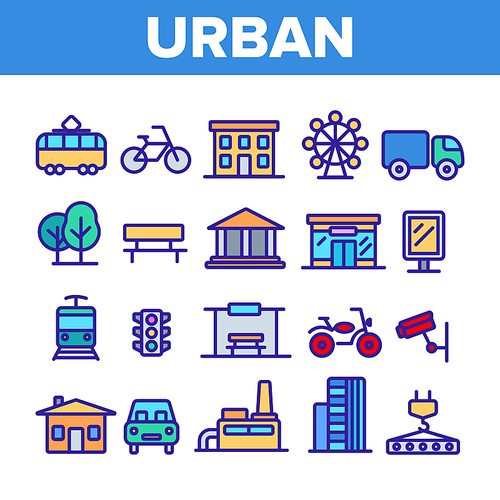 Urban, City Life Thin Line Icons Set. Urban Architecture, Transportation, Industry Linear Illustrations. Municipal Government Buildings. City Traffic, Road Safety, CCTV Monitoring Contour Pictograms