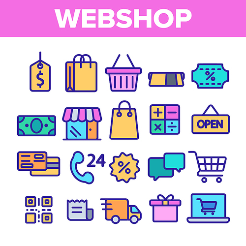 Webshop, Online Shopping Linear Vector Icons Set. E Commerce Thin Line Contour Symbols Pack. Internet Purchases Pictograms Collection. Online Sales. Goods Delivery Outline Illustrations