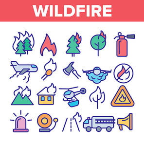Wildfire, Bushfire Vector Icons Set. Wildfire, Natural Disaster Linear Illustrations. Forests, Houses in Flames. Announcing Fire Danger Contour Pictograms. Firefighting Vehicle, Plane