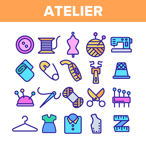 Fashion Atelier And Sewing Linear Vector Icons Set. Atelier, Tailor Shop Thin Line Contour Symbols Pack. Needlework, Dressmaking Studio Pictograms Collection. Stitching Equipment Outline Illustrations