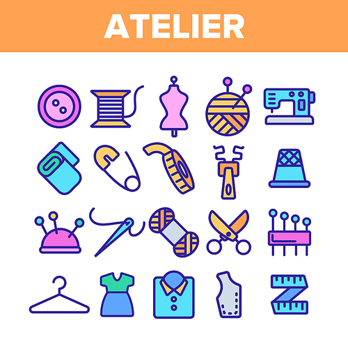 Fashion Atelier And Sewing Linear Vector Icons Set. Atelier, Tailor Shop Thin Line Contour Symbols Pack. Needlework, Dressmaking Studio Pictograms Collection. Stitching Equipment Outline Illustrations