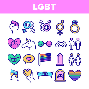 LGBT, LGBTQ Movement Linear Vector Icons Set. LGBT Community Thin Line Contour Symbols Pack. Gay, Lesbian, Homosexual Relationship Pictograms Collection. Love Freedom, Equality Outline Illustrations