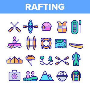 Rafting Trip, Sport Linear Vector Icons Set. Rafting, Kayaking Thin Line Contour Symbols Pack. Outdoor Activity, Adrenaline Chase Pictograms Collection. Extreme Summer Recreation Outline Illustrations