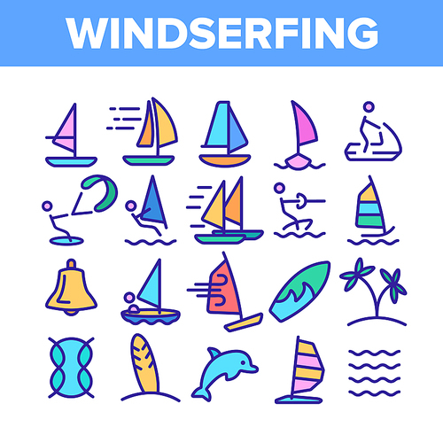 Water Skiing, Windsurfing Linear Vector Icons Set. Windsurfing Sport Thin Line Contour Symbols Pack. Extreme Summer Leisure Pictograms Collection. Wakeboarding, Paragliding Outline Illustrations