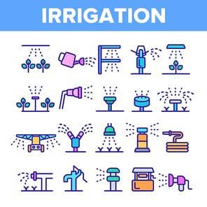 Sprinklers, Irrigation Technology Vector Linear Icons Set. Water Sprinklers Outline Symbols Pack. Garden, Field Watering Modern System. Lawn Automatic Sprayer Isolated Contour Illustrations