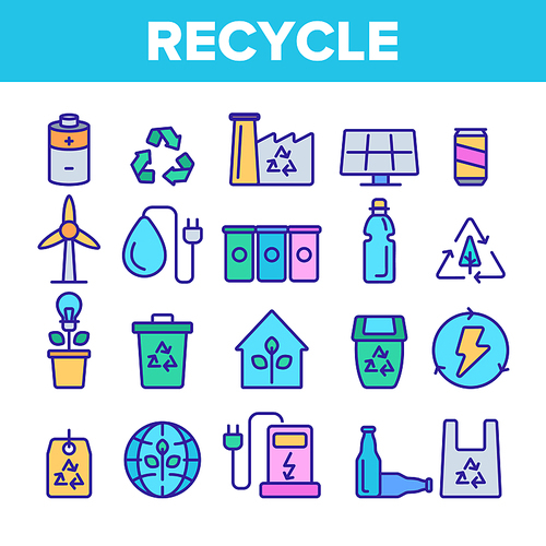 Recycle, Garbage Sorting Vector Linear Icons Set. Eco Material Recycle Outline Symbols Pack. Zero Waste, Earth Day. Nature, Environment Protection. No Air Pollution Isolated Contour Illustrations