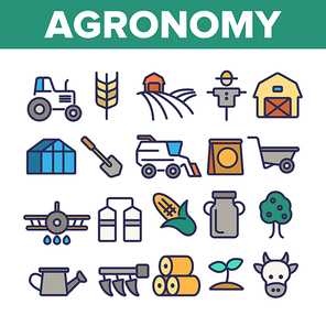 Agronomy Industry Vector Thin Line Icons Set. Agronomy Machinery Linear Illustrations. Growing Crops, Fruits Equipment. Farming, Meat, Dairy Products Manufacturing. Storage Facilities Contour Symbols