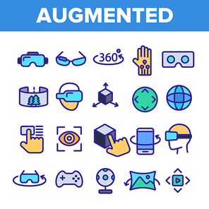 Augmented, Virtual Reality Linear Vector Icons Set. Augmented Virtual Reality Symbols Pack. Digital Technology, Simulator Pictograms Collection. Isolated Signs. VR Entertainment Outline Illustrations