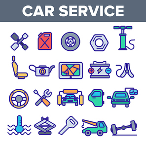 Car Service Linear Vector Icons Set. Car Repair Shop Thin Line Contour Symbols Pack. Auto Maintenance Pictograms Collection. Automobile Assistance Workshop. Garage Equipment Outline Illustrations