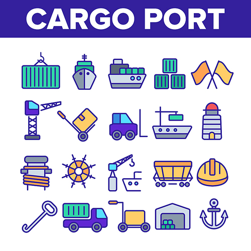 Cargo Port Vector Thin Line Icons Collection. Cargo Port Vehicles, Transportation Equipment Linear Illustrations. Industrial Loading Machinery. Ships, Containers, Warehouse Outline Pictograms