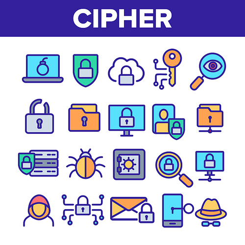 Cipher Linear Vector Icons Set. Information Encryption Thin Line Contour Symbols Pack. Digital Security Pictograms Collection. Privacy, Anonymity, Confidentiality. Cybersecurity Outline Illustrations
