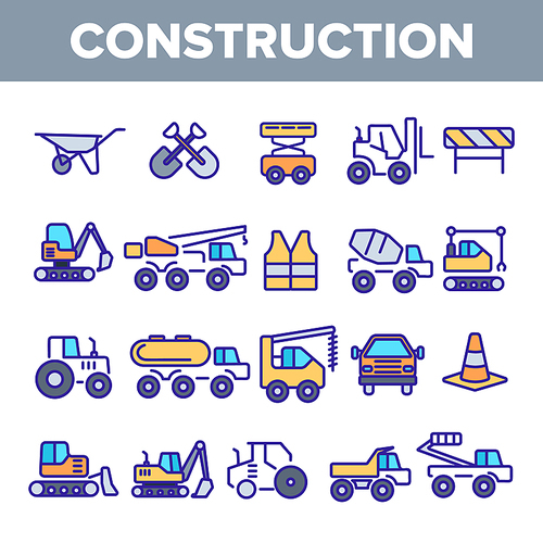 Construction Work Elements Linear Vector Icons Set. Construction, Building Tools, Equipment Pack. Engineering, Heavy Machinery, Transportation Pictograms Collection. Isolated Industrial Outline Signs