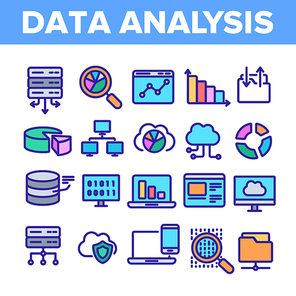 Data Analysis, Web Storage Linear Vector Icons Set. Data Science Thin Line Contour Symbols. Server, Database, Cloud Computing. Diagrams, Statistics, Schemes. Information Analytics Illustrations