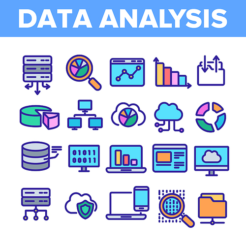 Data Analysis, Web Storage Linear Vector Icons Set. Data Science Thin Line Contour Symbols. Server, Database, Cloud Computing. Diagrams, Statistics, Schemes. Information Analytics Illustrations