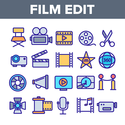 Film Edit, Filmmaking Linear Vector Icons Set. Movie Shooting, Editing Thin Line Symbols Pack. Videotaping Pictograms. Cinematography and Motion picture. Video Production Outline Contour Illustrations